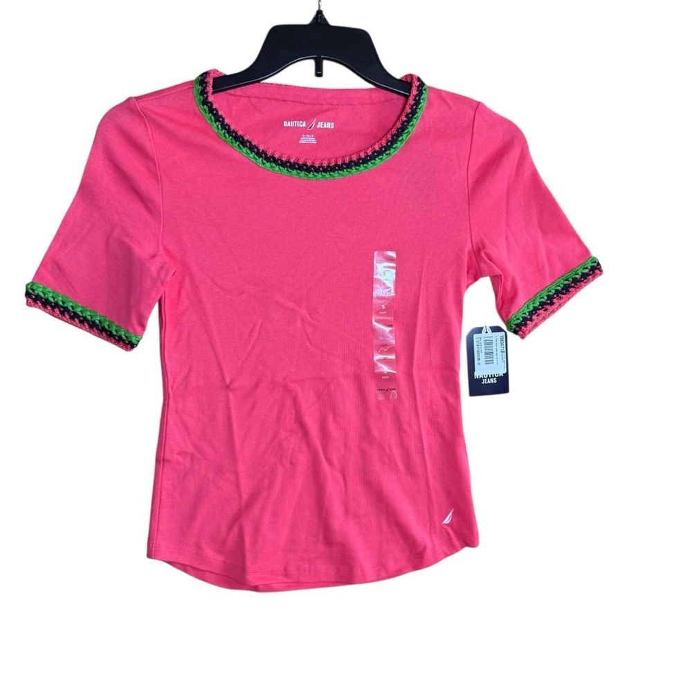 Nautica Jeans Women's Pink Cotton Crochet-Trim Short-Sleeve Coastsl T-Shirt -Sm